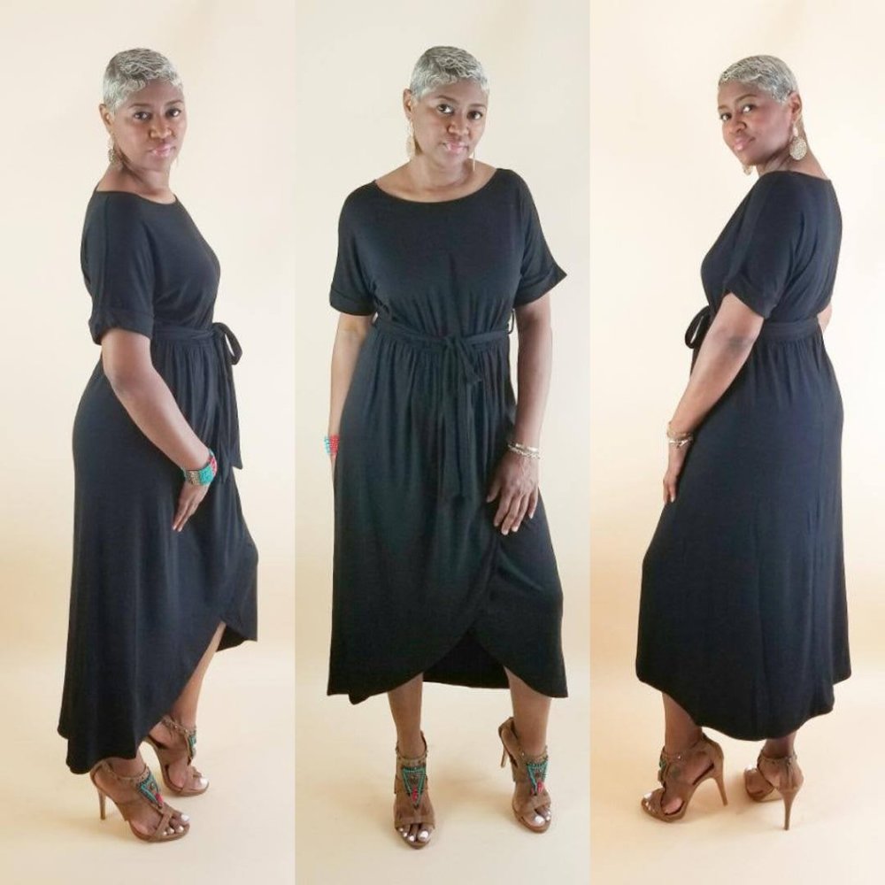 Faux Wrap Short Sleeve Dress Black